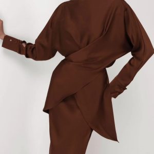 Satin Asymmetric Neck Long Sleeve Elegant Blouse