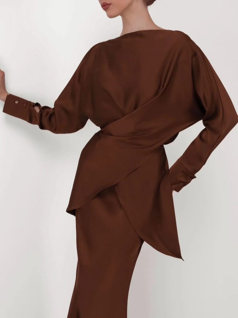 Satin Asymmetric Neck Long Sleeve Elegant Blouse